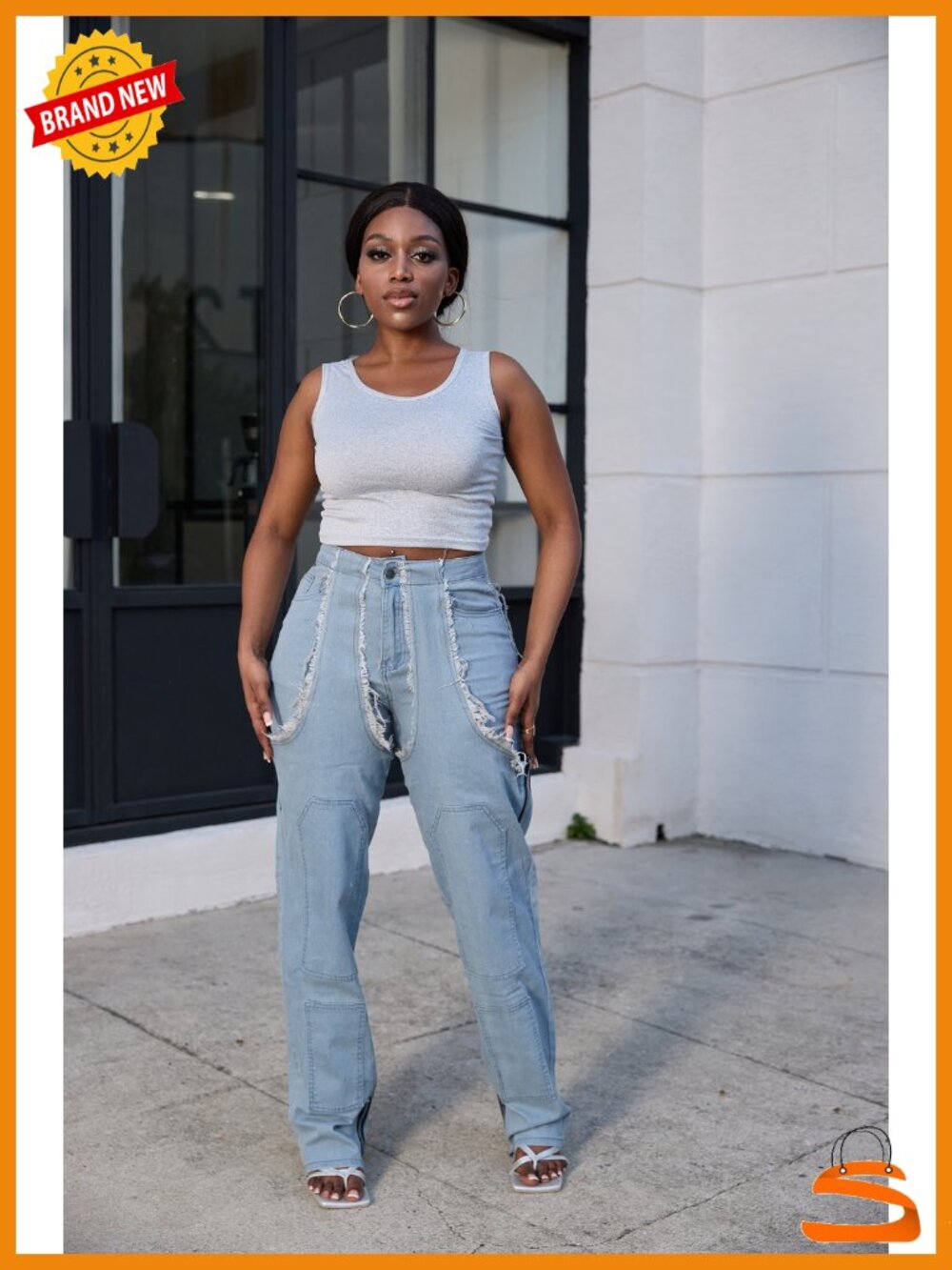 Baggy Denim Patchwork Jeans High Cutout Straight Wide Leg Stretchy Ripped Y2K - Picture 6 of 6